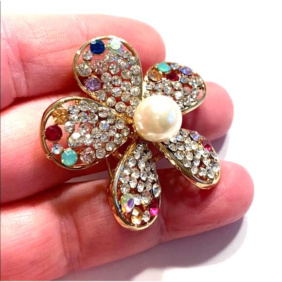 Flower power brooch goldtone & rhinestones encrusted pin clear and multicolor - Picture 4 of 4